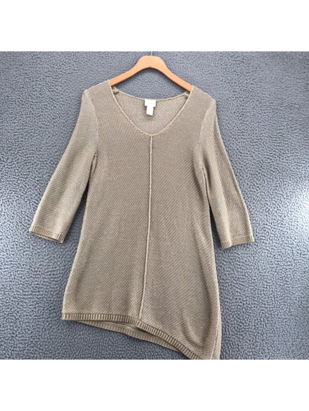 Chicos Sweater Womens 0 US 4 Heidi Beige 3/4 Sleeve Asymmetric Tunic Hem V Neck
